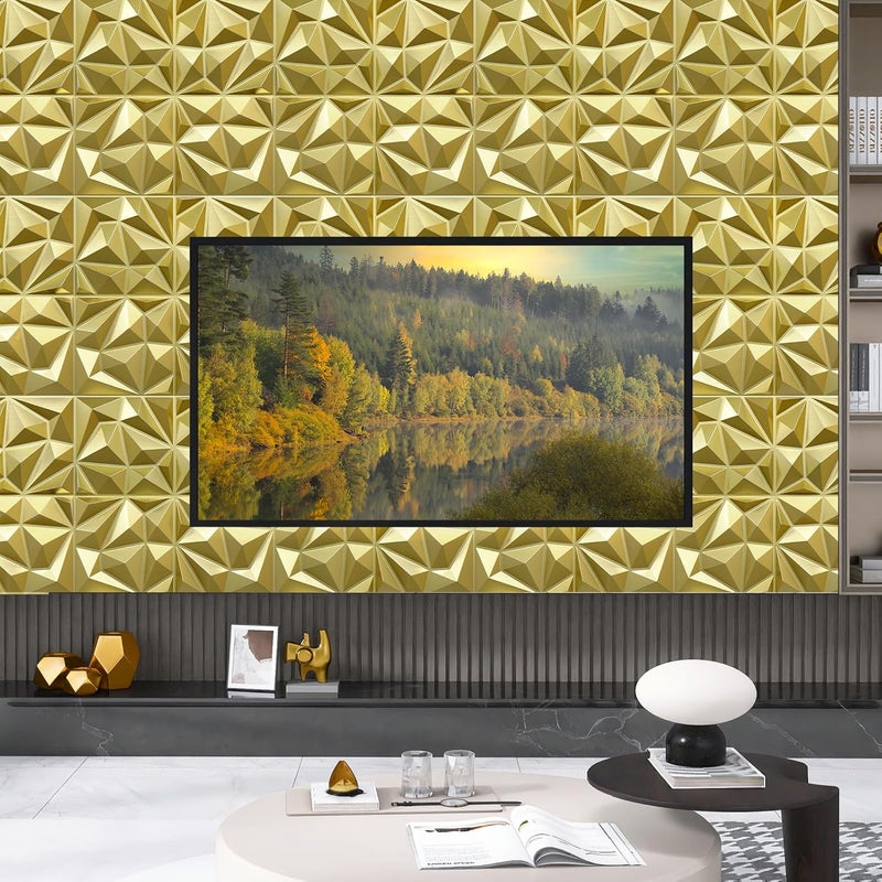 LEVOWAY 33 Pack 3D Modern Diamond Wall Panels for Interior Wall Decor,12''x12'' Champaign Gold Accent Wall Panles for Living Room,TV Wall Background,Bedroom - Image 2